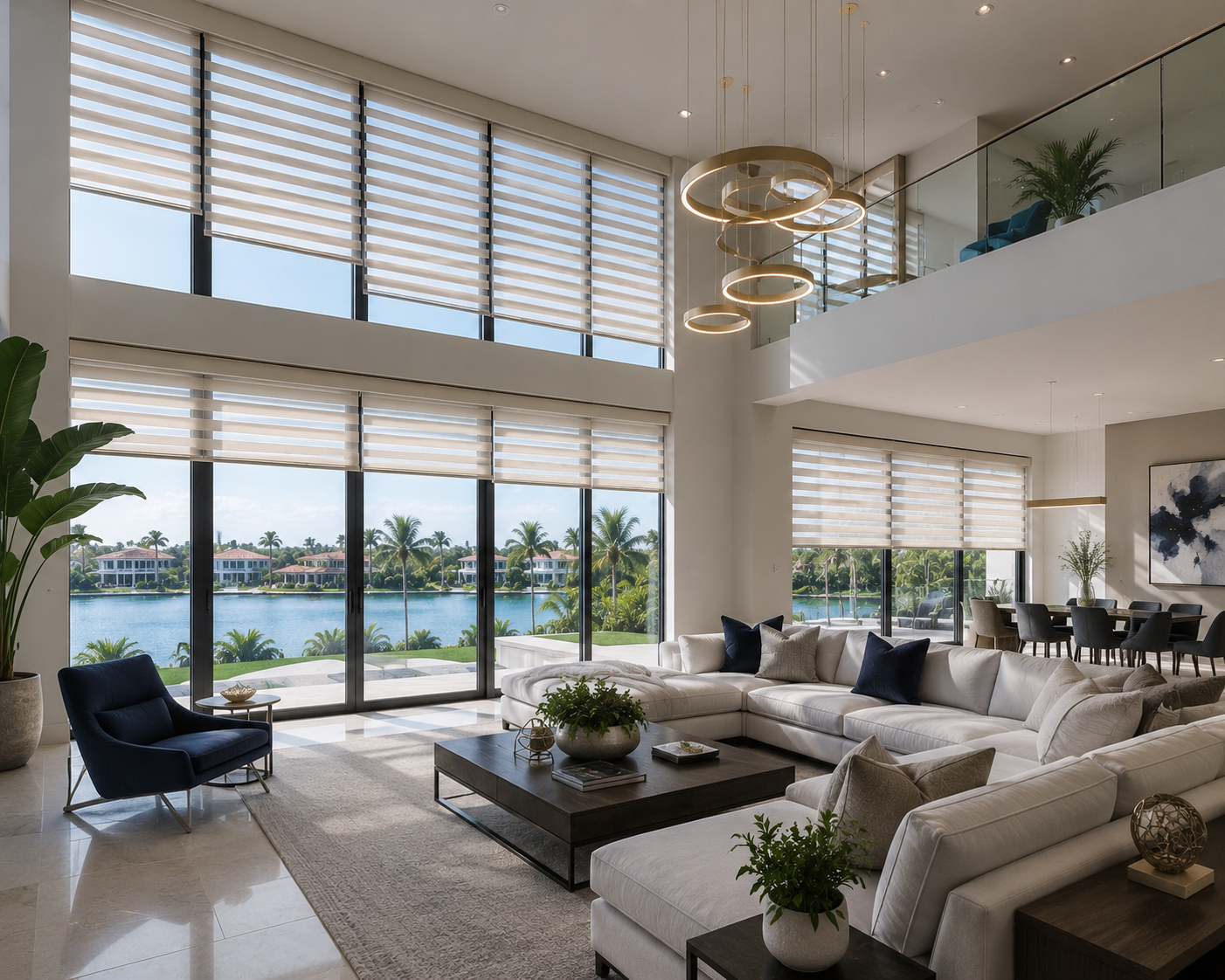 White zebra shades on large two-story windows in a luxury modern home