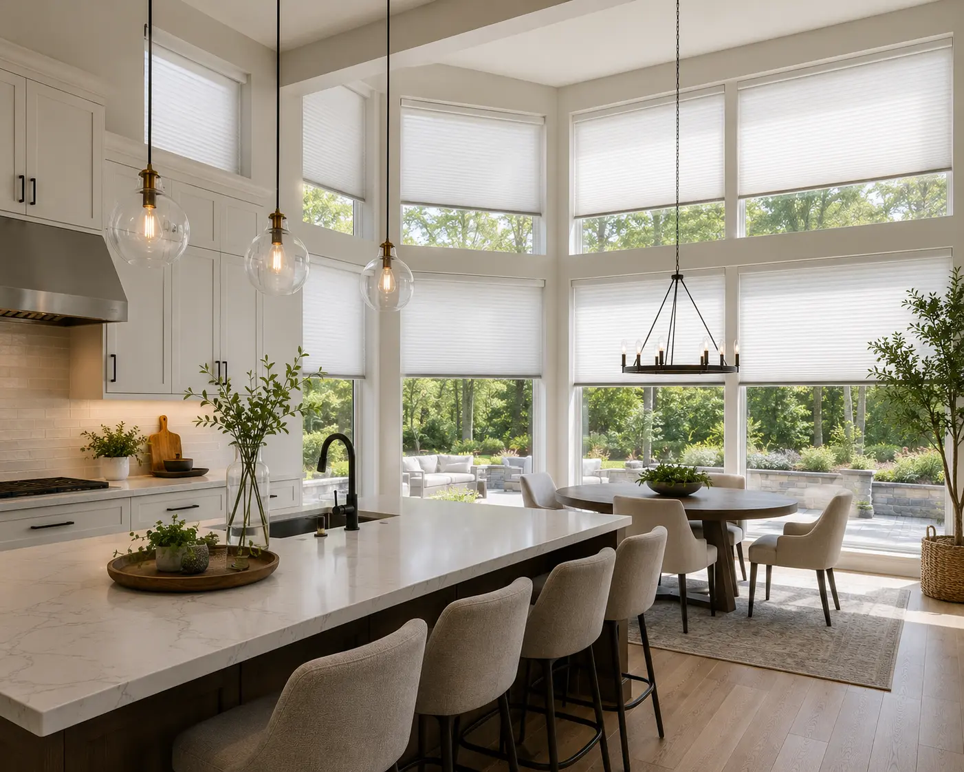 White cellular honeycomb shades on large windows in a bright modern kitchen