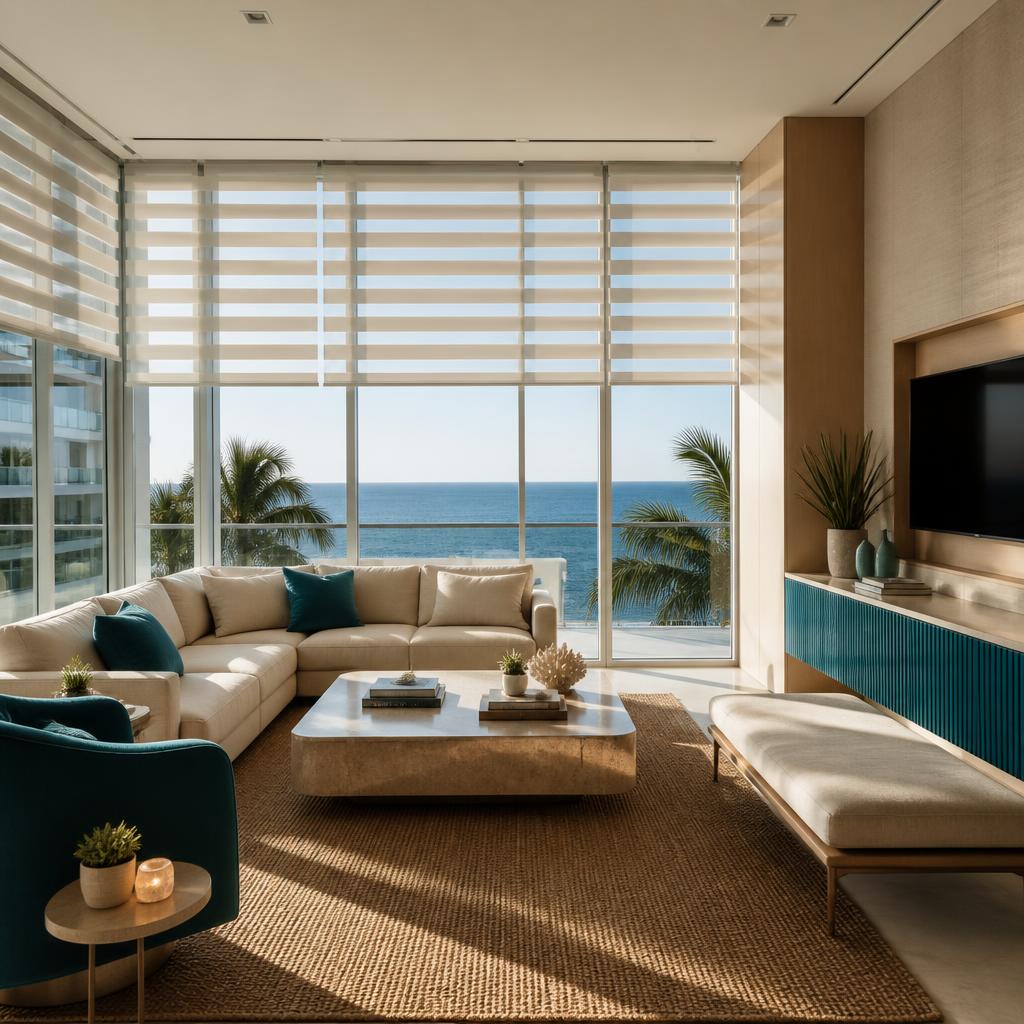 Modern Miami living room with custom zebra blinds filtering daylight